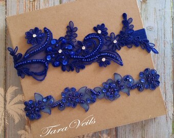 Wedding garter set, Royal Blue Garter, Rhinestone Royal Blue Garter, Bridal garters royal blue,bridal garter,Floral lace garter,Garter Set