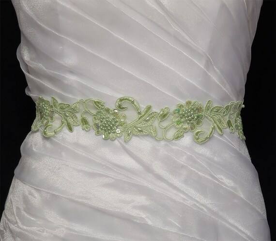 Green Embroidery Sash Beaded Floral Sashwedding Sash Etsy