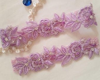 Garter,Wedding garter set,Lavender Garter,Rhinestone Lavender garter, lavender garter set,Bridal garters,bridal garter,Floral lace garter