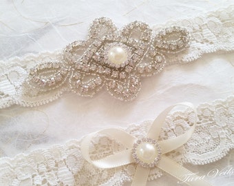 Garter,Wedding garter set / Bridal garter set / Rhinestone Garter/ wedding Ivory garters / bridal Ivory garter/ lace garter / Vintage Garter