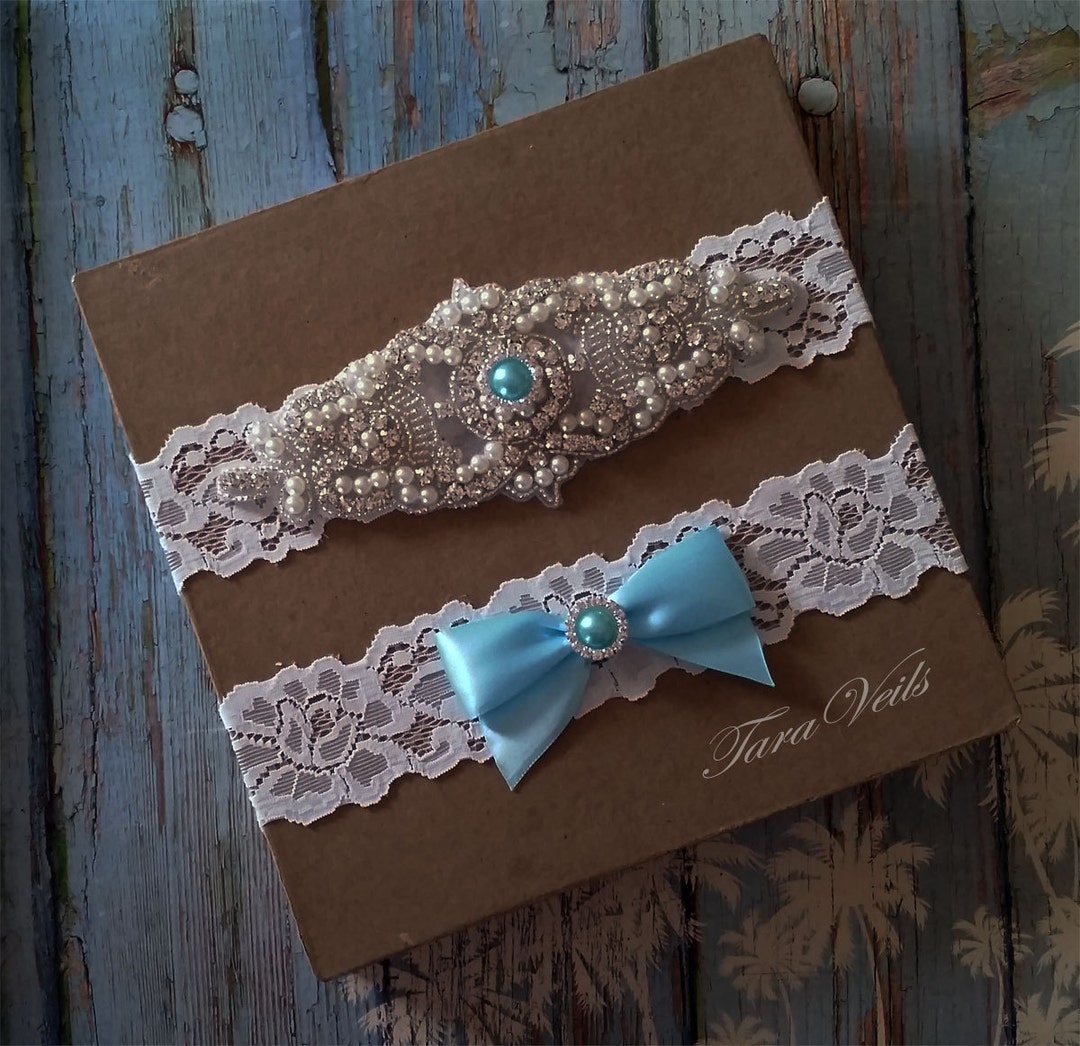 Wedding Light Blue Bridal Rhinestone Garter Ivory Garter Rhinestone Garter Wedding Garters