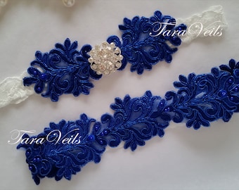 Wedding / Bridal / Royal Blue Garter/ Rhinestone Garter/ wedding garters / bridal garter/ Floral lace garter / Vintage Garter/Garter Set