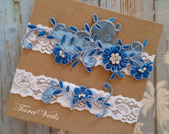 Wedding garter, Bridal garter,White and Blue,Blue Garter, wedding garters, bridal garter set/ Floral lace garter, Vintage Garter, Garter set