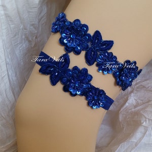 Wedding Garter Set Royal Blue Rhinestone Garter, wedding garters, bridal garter royal blue, Floral lace garter,Royal Blue Garter Set image 1