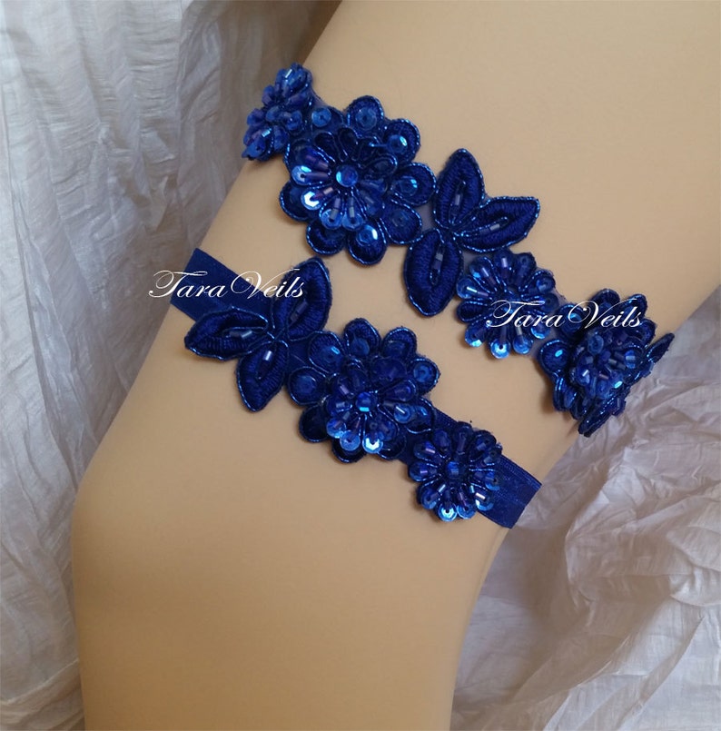 Wedding Garter Set Royal Blue Rhinestone Garter, wedding garters, bridal garter royal blue, Floral lace garter,Royal Blue Garter Set image 1