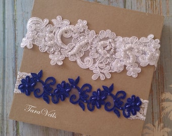 Wedding Garter Set,Bridal Garter Ivory,Bridal Garter Royal Blue,Wedding Garter ,Lace Garter, Garter Set Royal Blue, garter set