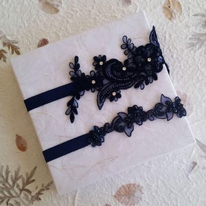 Garter,Wedding garter set, Navy blue Garter, Rhinestone blue Garter, Bridal garters Navy blue ,bridal garter,Floral lace garter,Garter Set image 3