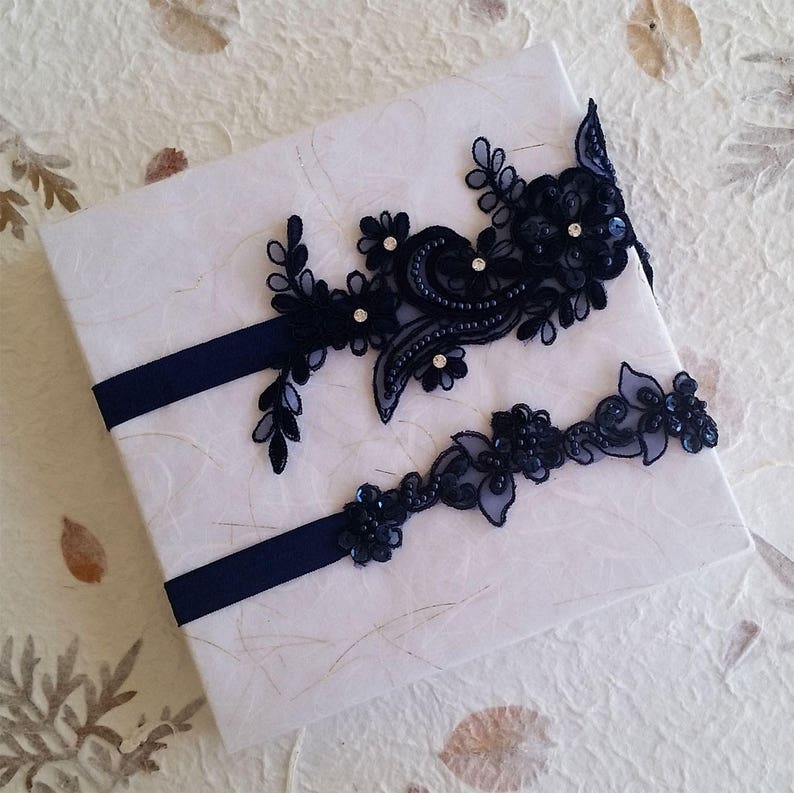 Garter,Wedding garter set, Navy blue Garter, Rhinestone blue Garter, Bridal garters Navy blue ,bridal garter,Floral lace garter,Garter Set image 3