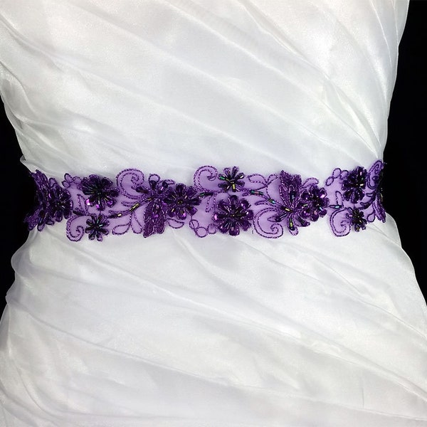 Purple Embroidery sash, beaded floral sash,Wedding Sash, Wedding Belt, Belt,Sash, Bridal Sash, Prom sash, Purple sash, Wedding Purple sash