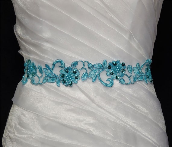 Aqua Blue Embroidery Sashbridesmaid Sashbeaded Floral Etsy