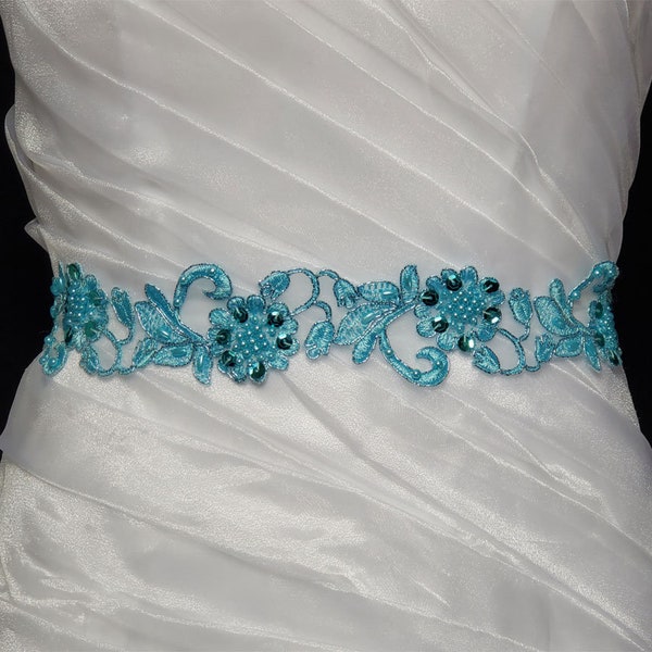 Aqua blue Embroidery sash,Bridesmaid sash,beaded floral sash,Wedding Belt,Sash,Bridal Sash,Prom sash,aqua Blue sash,Wedding aqua Blue sash