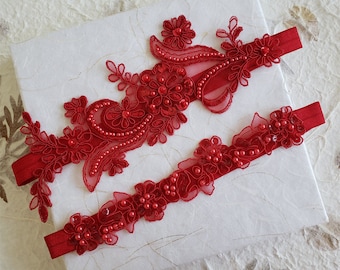 Garter,Wedding garter set,Red Garter,Garter Red,Bridal garters Red,Red bridal garter,Floral lace garter,Garter Set,Red garter set