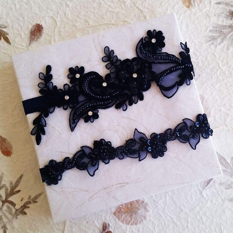 Garter,Wedding garter set, Navy blue Garter, Rhinestone blue Garter, Bridal garters Navy blue ,bridal garter,Floral lace garter,Garter Set image 2