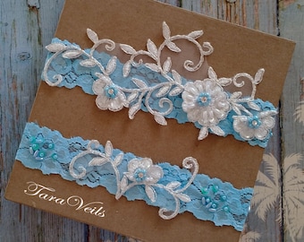 Wedding garter,Bridal garter,Ivory and Blue,Blue Garter,wedding garters,bridal garter set,Floral lace garter,Vintage Garter,Ivory Garter set