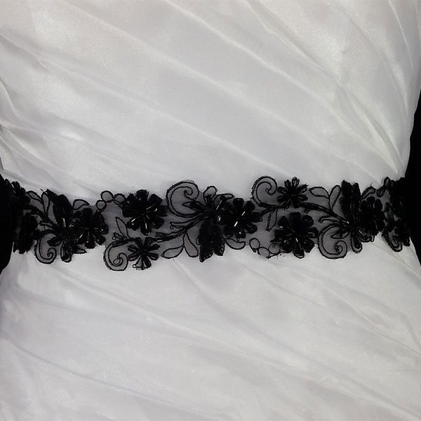 Black Embroidery sash, beaded floral sash,Wedding Sash, Wedding Belt, Belt,Sash, Bridal Sash, Prom sash, Black sash, Wedding black sash
