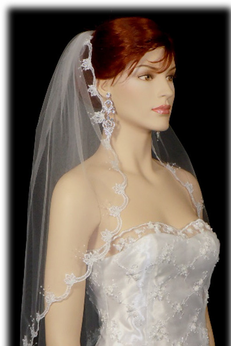 1 Tier Embellished Edge White Or Ivory bridal Veil/Veils Wedding bridal Embellished Edge 1 layer bridal veil wedding bridal veils image 1