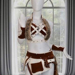 Tenue Rave faite main : ensemble de costumes du festival en fourrure brune et blanche