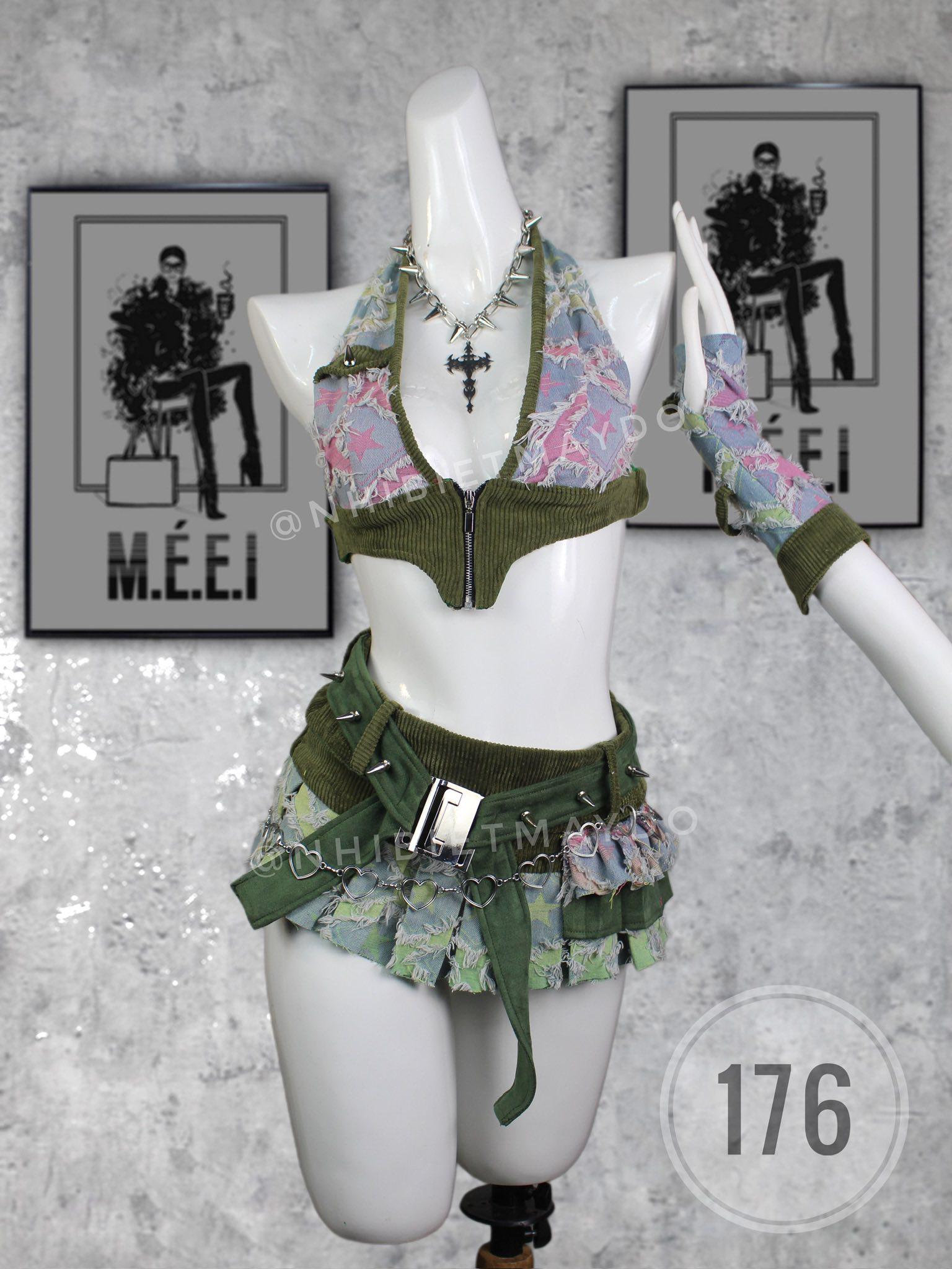 Custom Denim Rave Outfit – Pleated Mini Skirt, Studded Belt & Arm Warmers | ELF Festival Costume