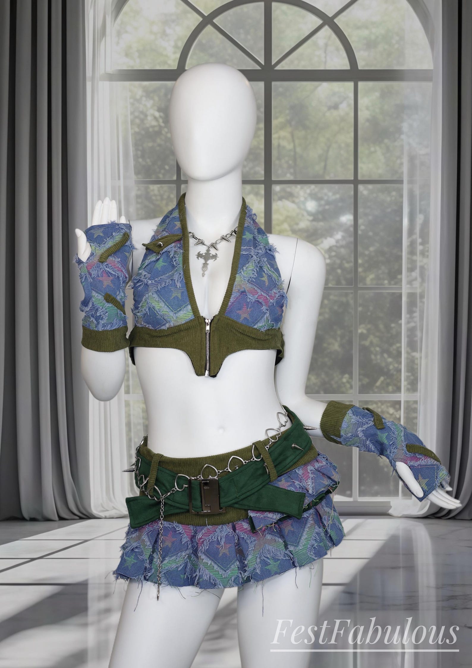 Elven Rave Custom Denim Rave Outfit – Pleated Mini Skirt, Studded Belt & Arm ...