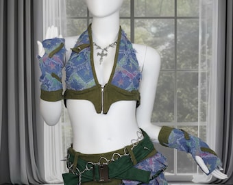 Custom Denim Rave Outfit – Pleated Mini Skirt, Studded Belt & Arm Warmers | ELF Festival Costume