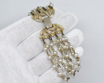 Elegant LINSER© 8 strand bracelet with gold metal accents, crystal and faux pearl beads. c1955-1959; Mother's gift