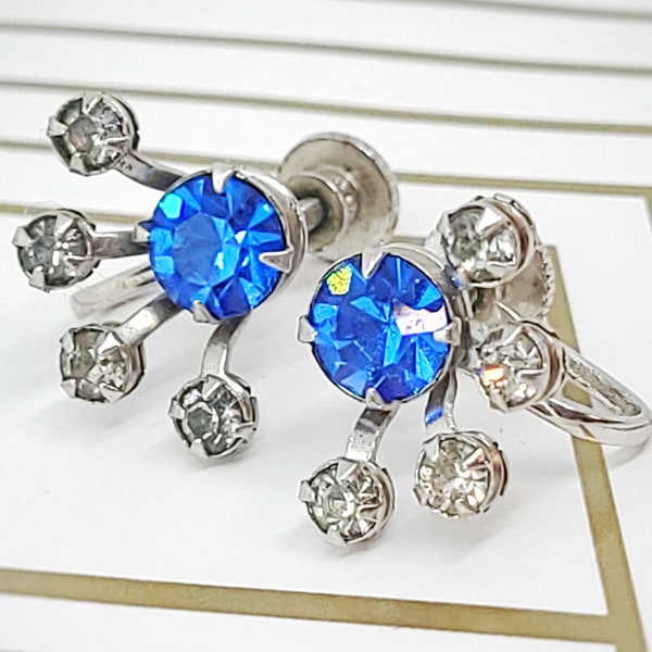Bugbee & Niles,  Blue and clear Rhinestone Silver Toned Screw Back Clip on Earrings from 1950s marked B.N.