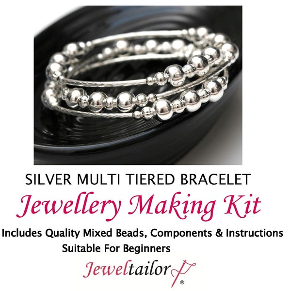 Silver Tiered Bracelet Jewellery Making Kit For Up To 10 Bracelets, Mixed Beads, Instructions + FREE Luxury Gift Bag