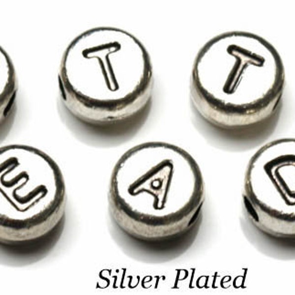 VENTE ! 1 perle de lettres de l'alphabet en métal ronde individuelle de A à Z plaquée argent 7 mm ~ bracelets prénoms, fabrication de cartes et autres activités artisanales