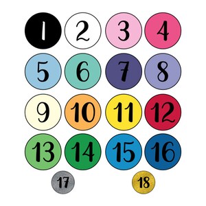 May include: A set of 18 colourful circles with numbers 1 through 18 written in black. The circles are arranged in a grid pattern.