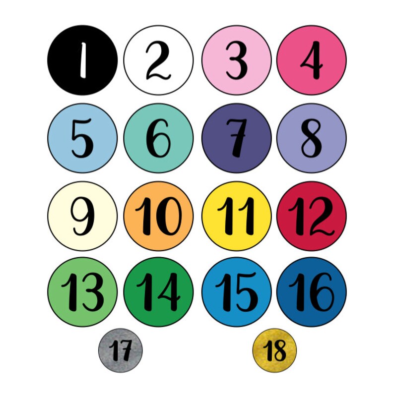 May include: A set of 18 colourful circles with numbers 1 through 18 written in black. The circles are arranged in a grid pattern.