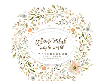 WONDERFUL SIMPLE WORLD, 3 frames, 4 borders, 5 embellishment, hand painted clip art, 12 png files - 300 dpi