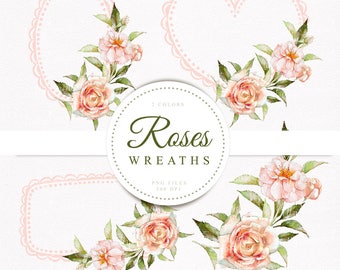 Roses Wreaths, watercolor cliparts, hand painted, png file without background, 300 dpi
