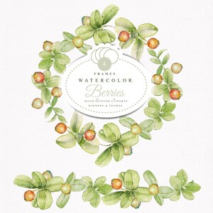 4 Frames Berries and 4 borders berries, watercolor clip art, hand painted, Png. files without background, 300 dpi