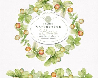 4 Frames Berries and 4 borders berries, watercolor clip art, hand painted, Png. files without background, 300 dpi