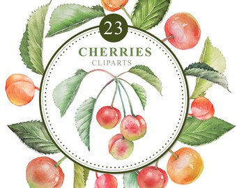 Cherries cliparts, watercolor clipart without background, png files, 300 dpi