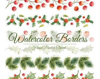 watercolor borders, hand painted borders, christmas borders, watercolor clipart, hand painted clipart, christmas clipart