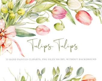 Tulips...Tulips...Tulips...! 35 Hand painted,  watercolors clipart, 300 dpi, png. files without background