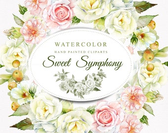 Sweet Symphony. Hand painted flowers. Roses. Watercolor Roses. Png file without background. 300 dpi.