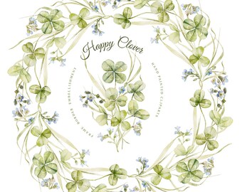 Happy Clover, hand painted clipart's, frame, border, embellishment without background,  png files - 300 dpi