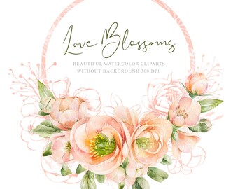 LOVE BLOSSOMS hand painted clipart, watercolor, png files, without background, 300 dpi