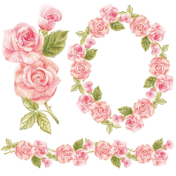 Watercolor wreath, watercolor border, hand painted clipart, roses, wedding frame