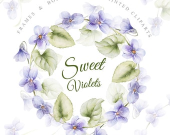 Sweet Violets Frames,  embellishment & borders, watercolor hand painted, 300 dpi, png files without background