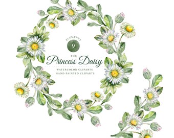 Daisys, watercolor frame, watercolor clipart, hand painted, 9 clipart's without background, 9 png files - 300 dpi