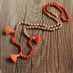 Mala Necklaces Inspired,Yoga Jewelry, Labradorite, Fossil Jasper, Carnelian, Rudraksha, Bodhi Beads, Tassel Nacklace, Boho Jewelry