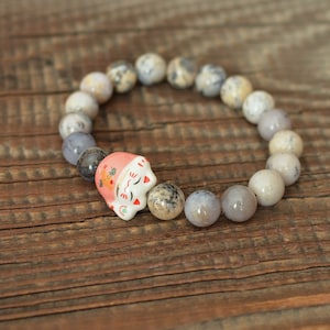 Maneki Neko, Lucky Fortune Cat Beaded Bracelet, Kawaii, Ceramic Cat, Moss Opal,Natural Gemstones,Cute Gift, Christmas Gift,  Cat Lovers