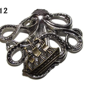 Steampunk pin badge brooch silver octopus kraken with bronze ship #KR12