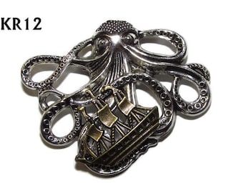 Steampunk pin badge brooch silver octopus kraken with bronze ship #KR12