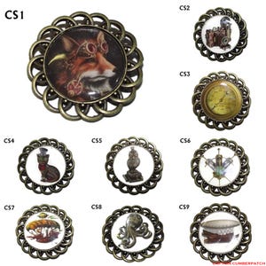 Steampunk-Anstecknadel/Brosche mit Katze, Fuchs, Eule, Zeppelin, Kraken, Messgerät, Spritzen, Kamera, Galeone, #CS01-09