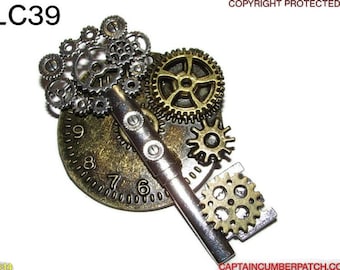 Broche con insignia Steampunk, esfera de reloj de bronce con llave plateada #LC39