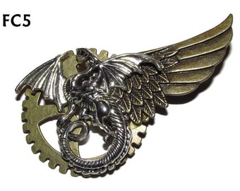 Broche con pin Steampunk de dragón plateado con ala de bronce y rueda dentada #FC5